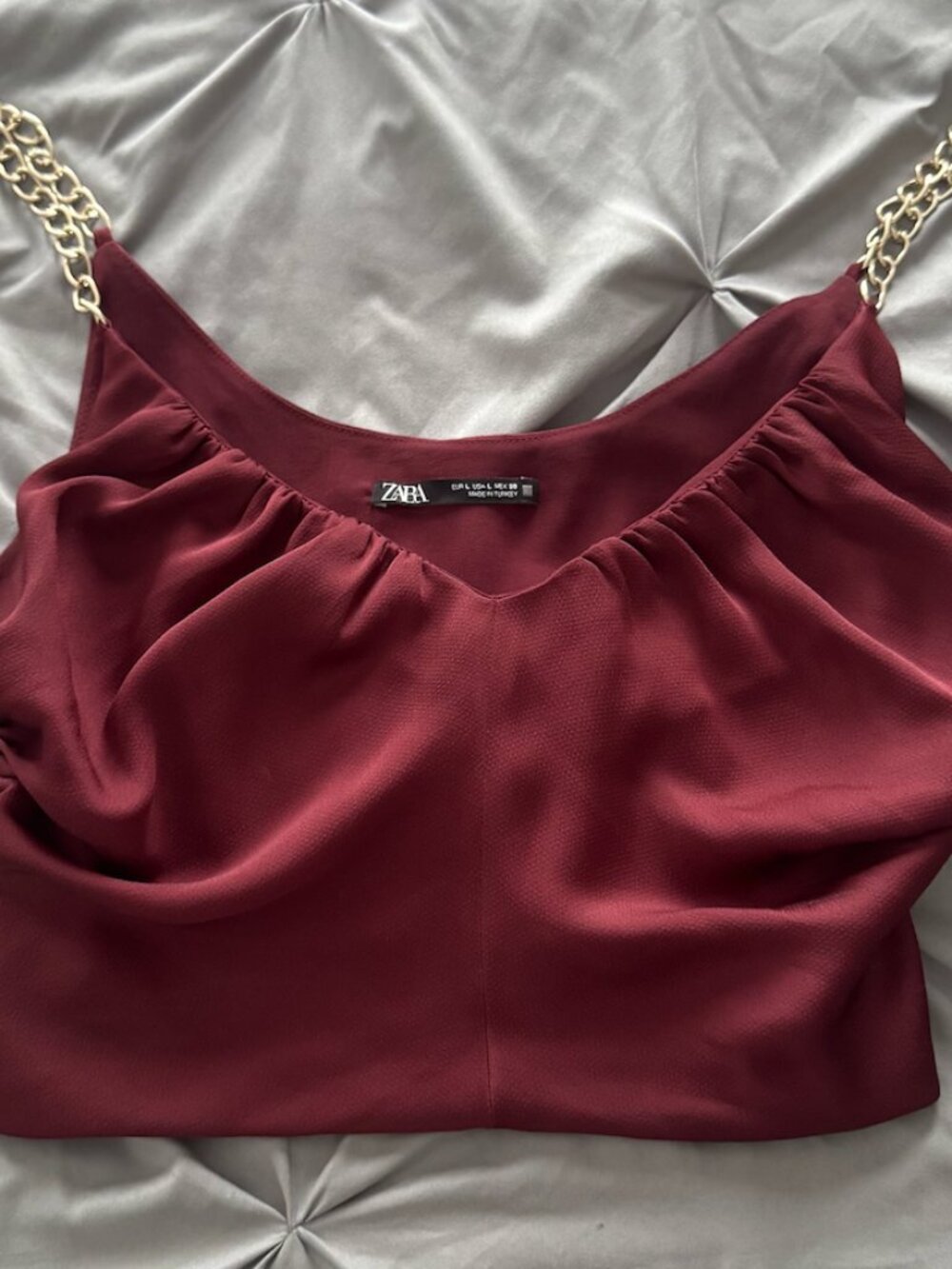 Zara Burgundy Satin Chain Strap Crop Top Size Large